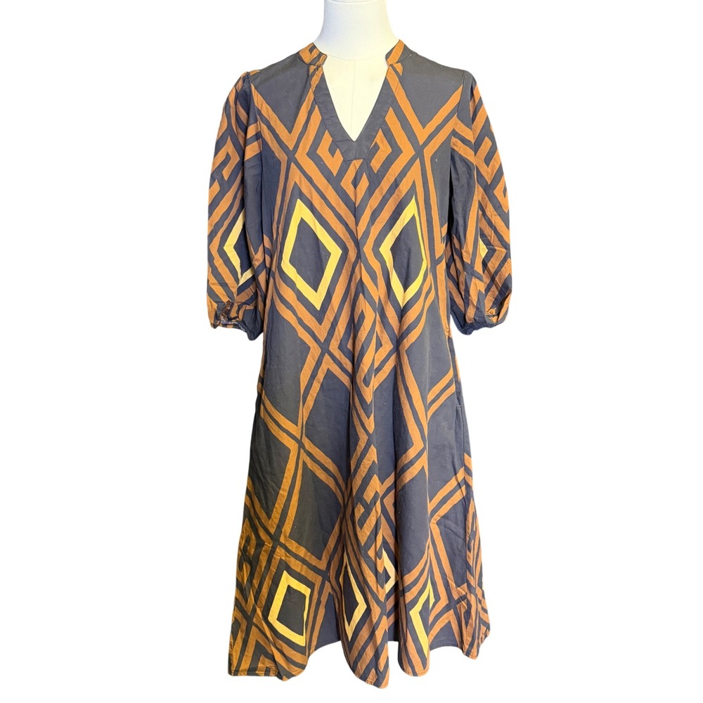Porridge Geometric Midi Dress Womens XS Gray Brown Good Puff Sleeve Cotton